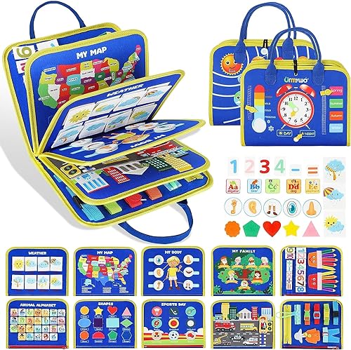 Image of URMYWO Busy Board for Toddlers 12 Pages, Montessori Toys Busy Book for 1 2 3 4 Year Old Toddlers with Preschool Learning Fine Motor Skills Toys, Toddler Travel Toy Gift for Boys and Girls
