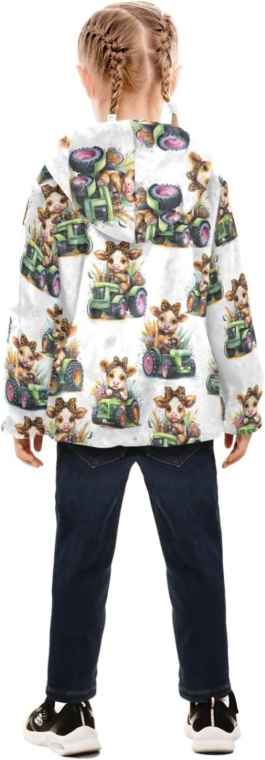 Girls Hoodie Outfit Highland Cattle Truck Pattern Zipper Sweatshirt Coat Fleece Jacket for Kids 3-10T