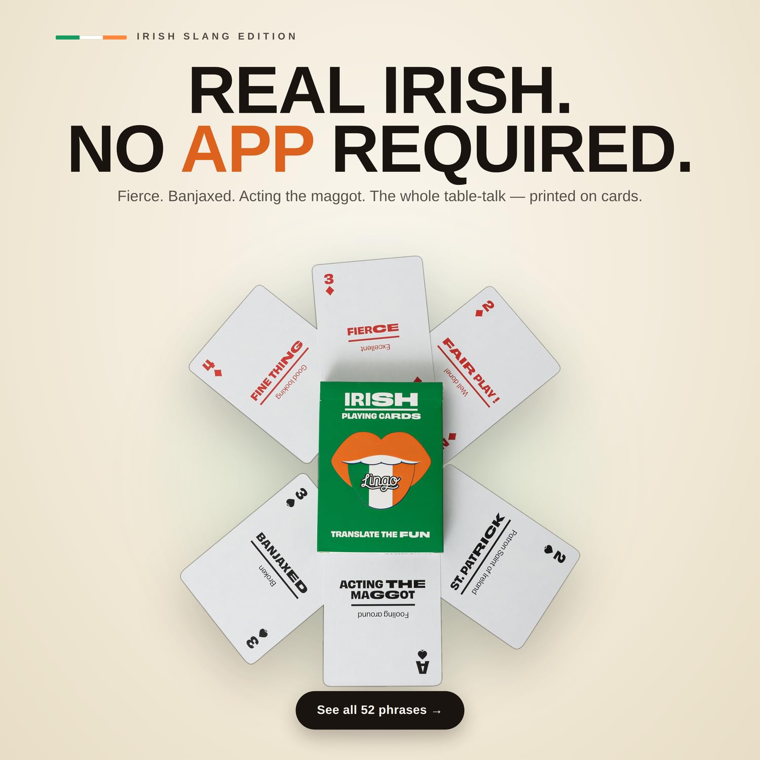 Lingo Irish Slang Spielkarten, 52 lustige Ausdrücke und Sätze, lustiges Kartenspiel, Geschenk für Amerikaner, St. Patrick's Day & Heritage-Liebhaber, Gesprächsstarter für Erwachsene