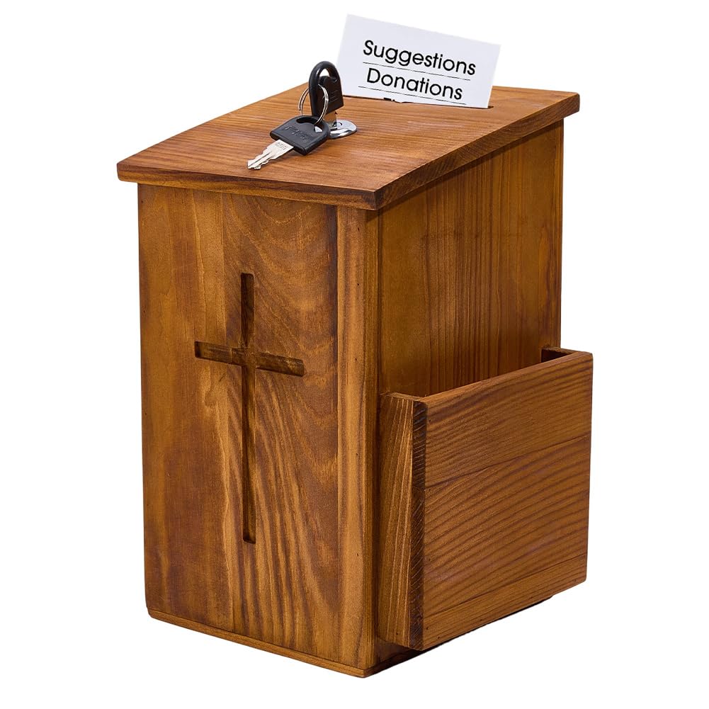 DICOSMETIC Wood Suggestion Box with Lock 5.83x6.22x9.84 Inch Cross Offering Boxes Wooden Charity Donation Box Rustic Request Boxes with Slot and Side Pocket for Mail Envelopes Ballot Comment