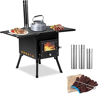 Camping Wood Stove, Outdoor Portable Tent Wood Burning Stove with Stainless Chimney Pipes for Outdoor Camping Cooking and Heating 1-2 People Use(Black)