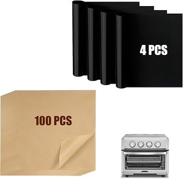 4pcs Air Fryer Liners and 100pcs Parchment Paper for Cuisinart Air Fryer | Unbleached Baking Parchment Paper and Non-stick Mat, Natural Pulp, BPA/PFOA-Free, Grease-Proof, Stain-Resistant