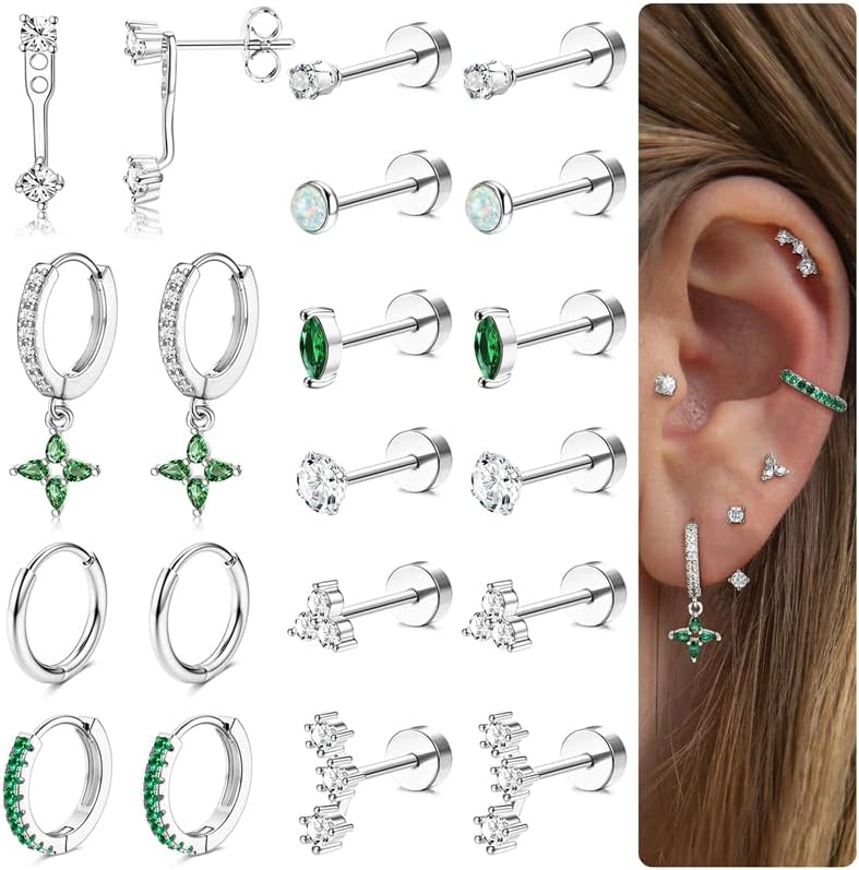 MILACOLATO Hypoallergenic 14K Gold Plated Flat Back Earrings Set - 20G Surgical Stainless Steel Hoop & Stud for Cartilage, Helix, Multiple Piercings