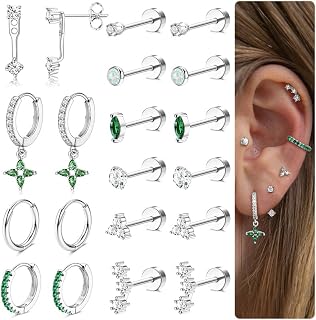 MILACOLATO Hypoallergenic 14K Gold Plated Flat Back Earrings Set - 20G Surgical Stainless Steel Hoop & Stud for Cartilage, Helix, Multiple Piercings