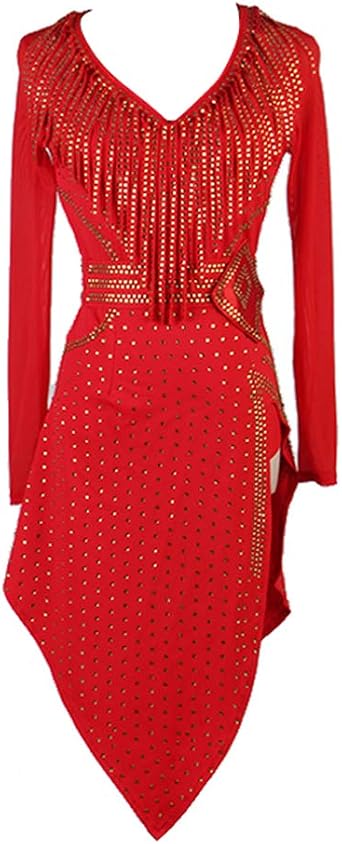 Womens Latin Dance Dress V-Neck mesh Rumba Samba Tango Lesson Practice Competition Costume