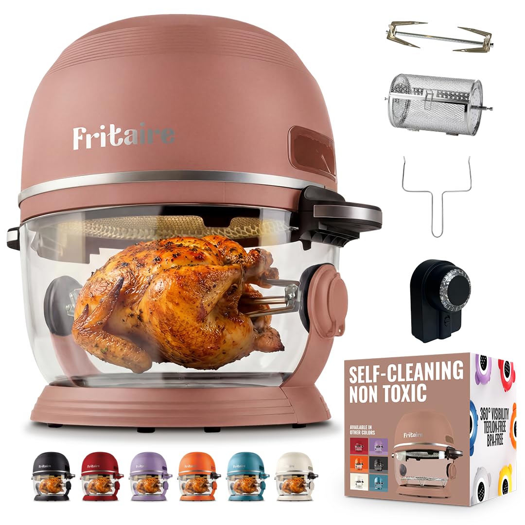 Non Toxic Air Fryer™ 9-in-1 Functions - Glass AirFryer 5 Quart w/ 360 Visibility, Self-Cleaning, 400F Vortex Air Fryer for Even Cooking, BPA-Free Teflon Free, Rotisserie, Roast, Bake, Mauve Rose