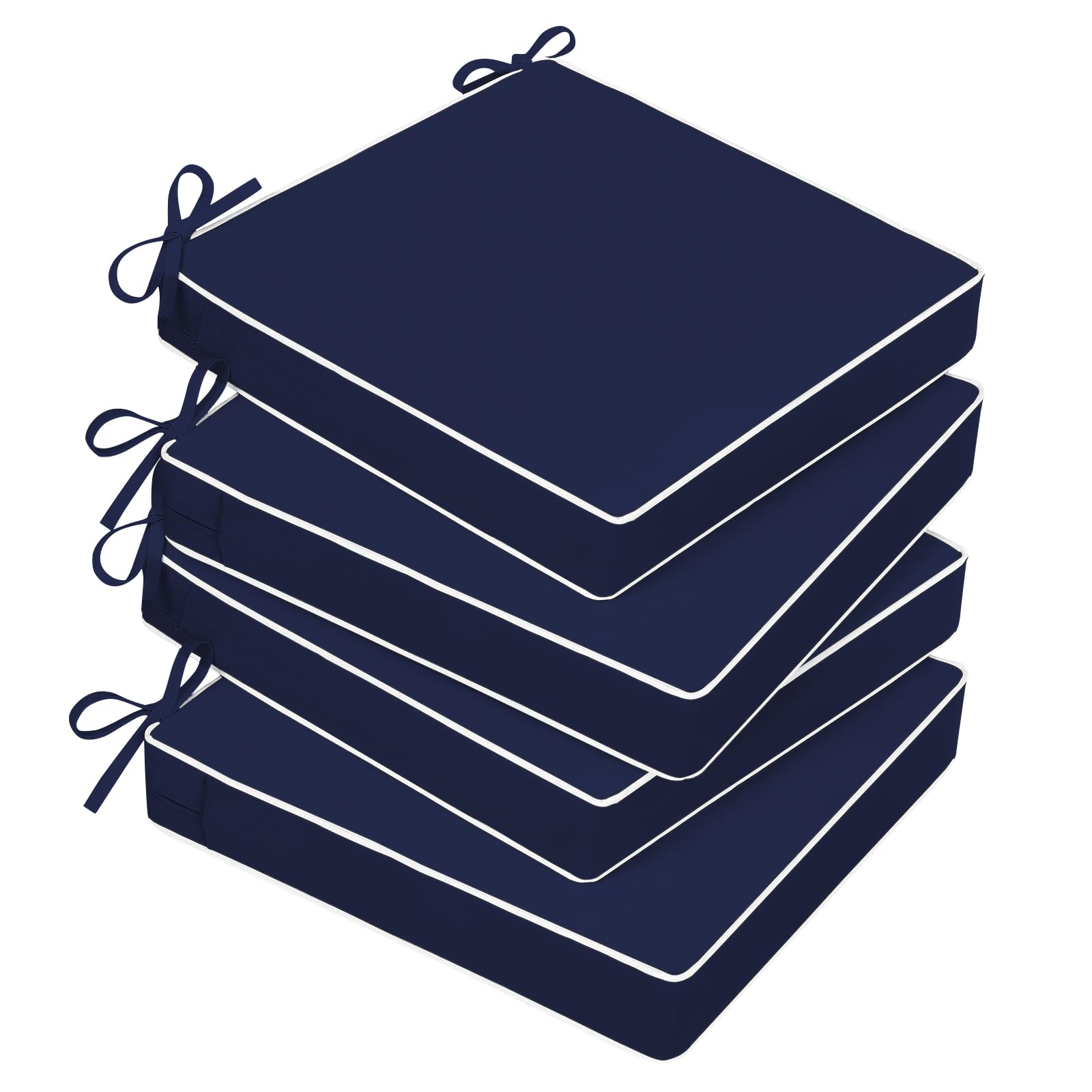 Basic Beyond Outdoor Chair Cushions for Patio Furniture, Waterproof Outdoor Seat Cushions Set of 4 19 x 19, Patio Chair Cushions Set of 4 with Ties and Handle, Navy Blue/White