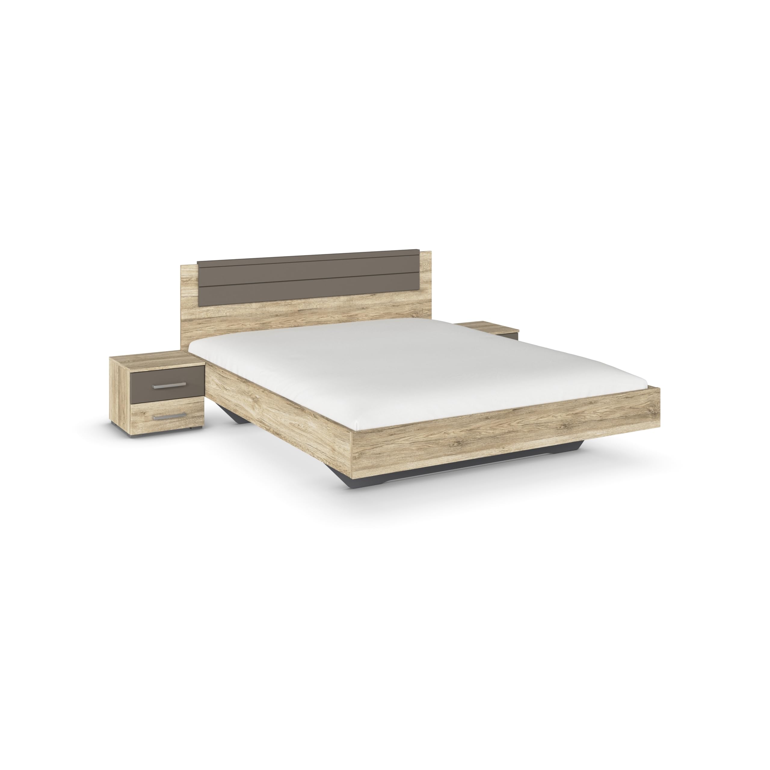 Rauch Möbel Barcelona - Camera da letto in rovere Sanremo chiaro/grigio lava, composto da letto con superficie di appoggio 160 x 200 cm, con 2 comodini e armadietto con ante sospese, 226 x 210 x 62 cm