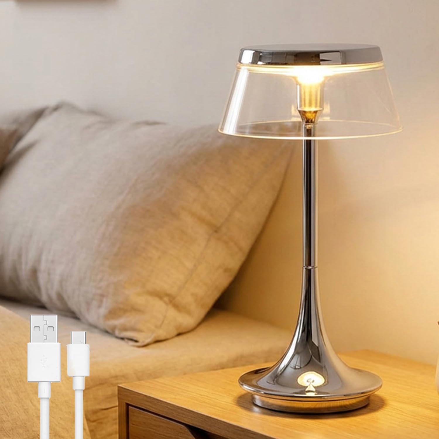 Rechargeable Cordless Table Lamp with Touch Control 3 Colour Temperatures 3 Brightness Levels LED Bedside Lamp with 1800mAh Battery USB Rechargeable Acrylic Desk Lamp for Bedrooms Living Rooms,Chrome