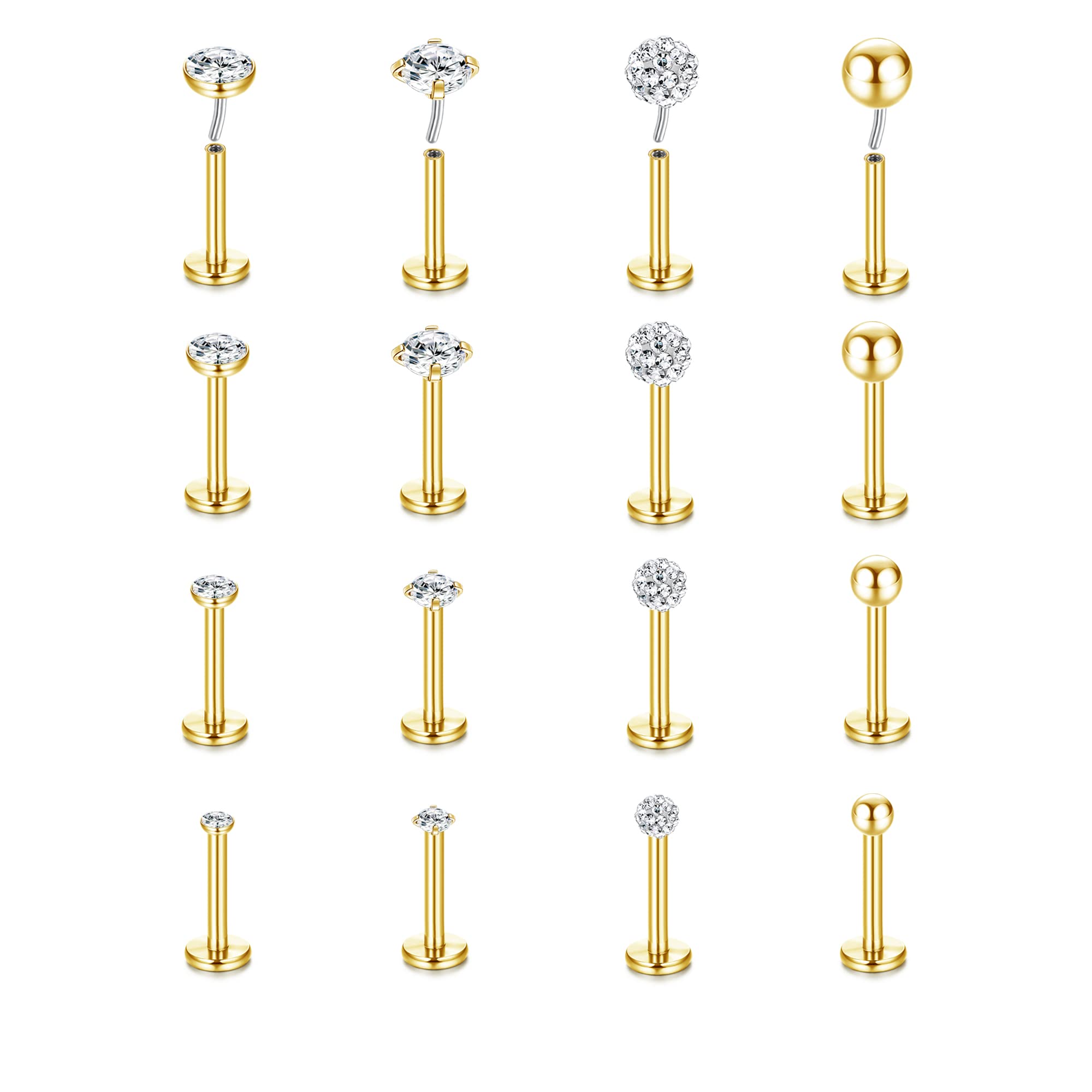 MILACOLATO16G Piercing Labret Labio Acero Inoxidable Clear CZ Bola Redonda Labio Medusa Nariz Piercing Joyas Plata Oro Piercing Oreja Cartílago Tragus Pendientes Para Mujer Hombre 16Piezas 6mm 8mm