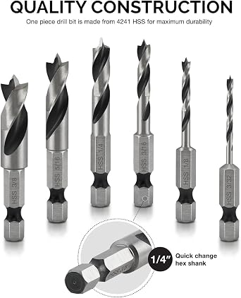 NEIKO 11401A 6 Piece Brad Point Drill Bit Set, Stubby Drill Bit Set for Wood, 1/4 Quick Change Hex Shank, HSS 4241 High Speed Steel for Quick Change Chucks and Drives, Drill Bit Holder Included