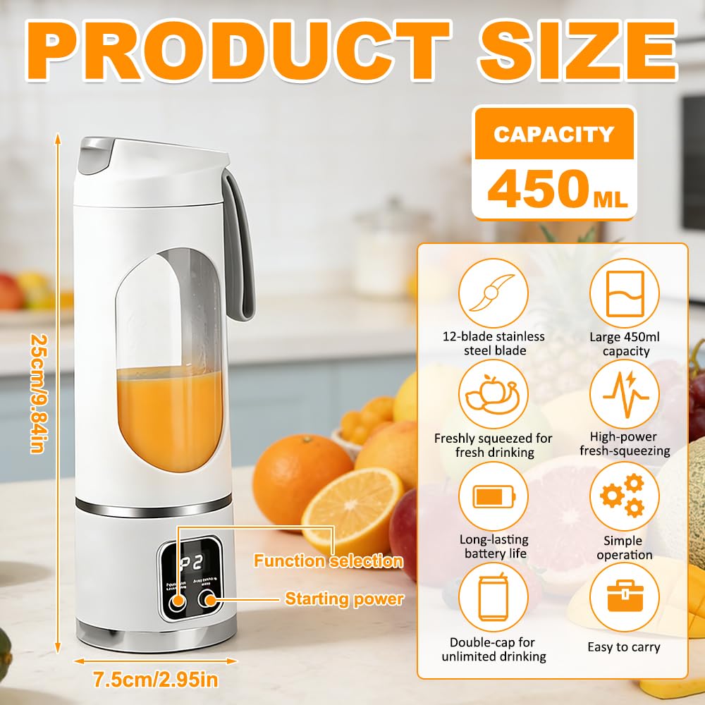 Tragbarer Mixer Smoothie Maker To Go, Pengrity 450 ML Portable Blender, mit LED Display, 12 Klingen, Kleiner Mixer für Shakes und Smoothie, Wiederaufladbar Mini Standmixer für Sport, Reisen, Outdoor