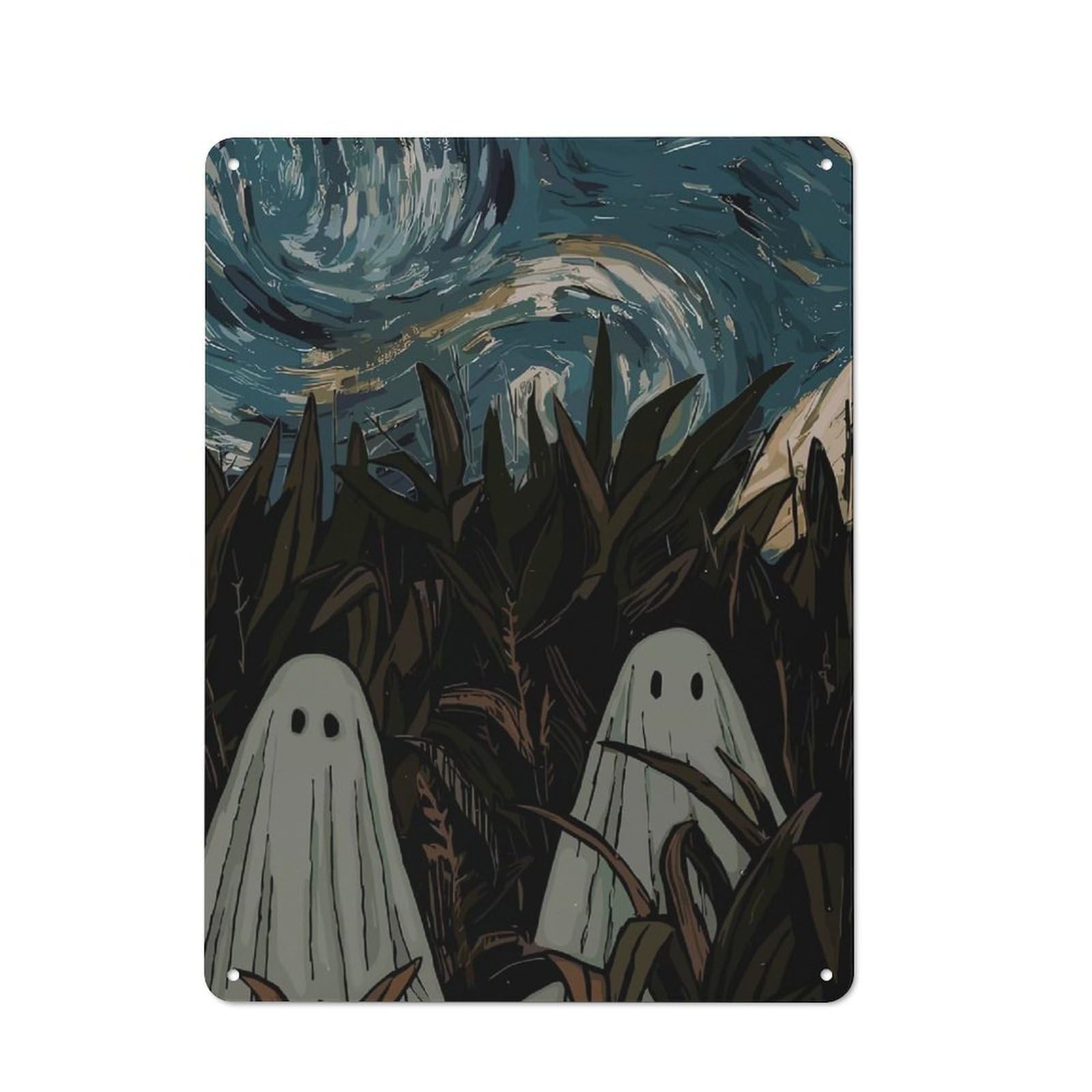 Junmoney Ghosts In A Field, Starry Night Retro Printed Metal Sign 40X30cm For Kitchen Or Home Bar, For Garage, Workshop And Man Cave Decoration