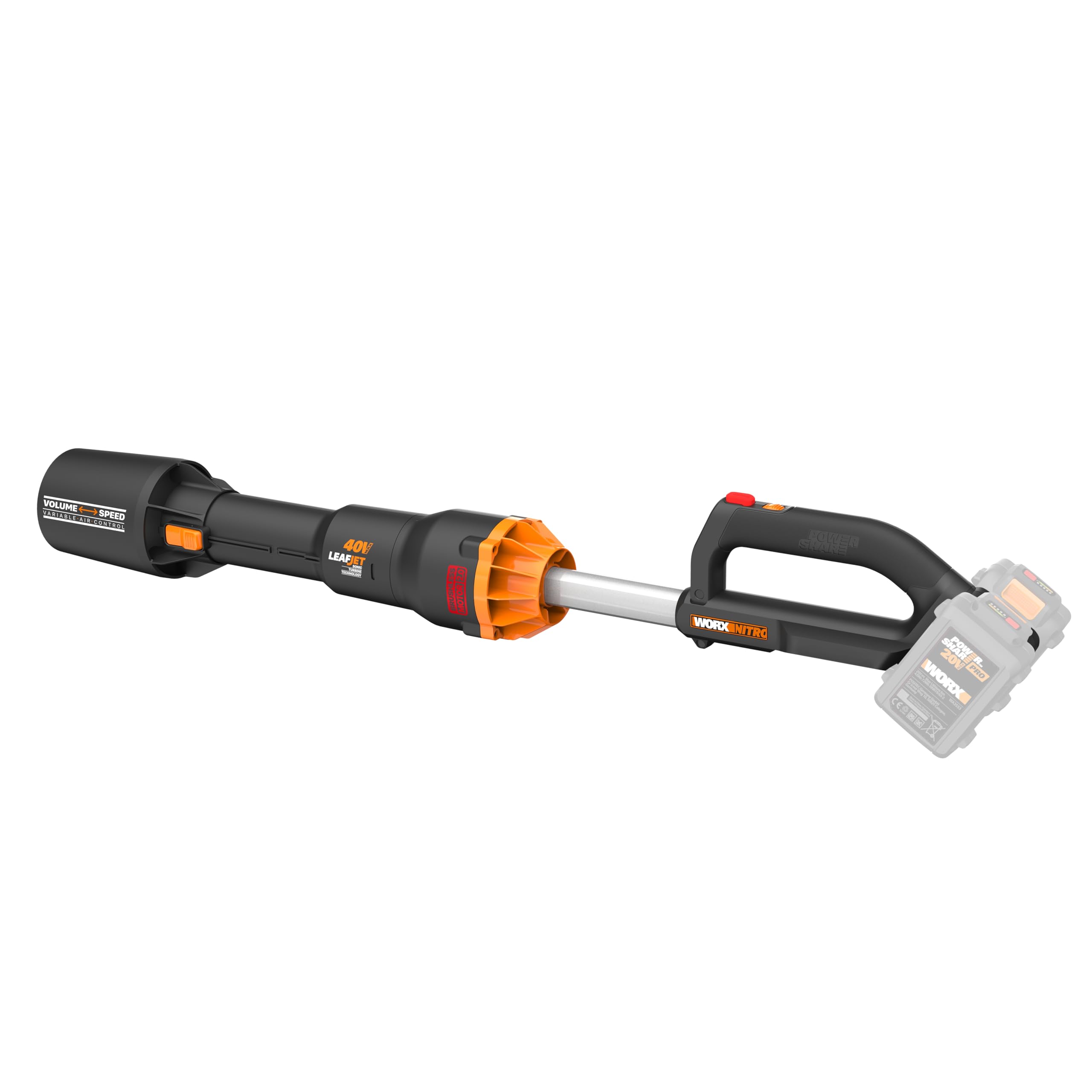 WORX Nitro WG585E.9 soffiatore a batteria da 40 V (2 x 20 V), motore brushless, tre velocità e modalità turbo, velocità dell'aria 266 km/h, leggero e compatto, senza batteria e caricatore