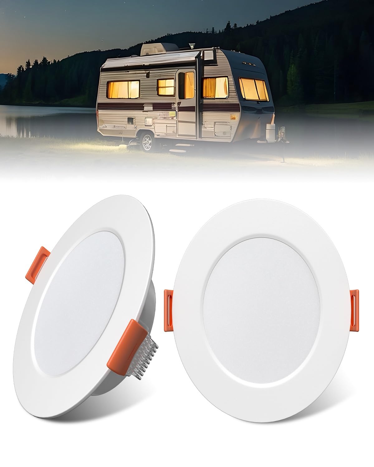 Bonlux Zestaw 2 reflektorów LED do zabudowy, 12 V, możliwość ściemniania, ciepła biel, 3000 K, 3 W, lampa punktowa do zabudowy, ultra płaska lampa sufitowa do łodzi, przyczepy kempingowej, szafy na