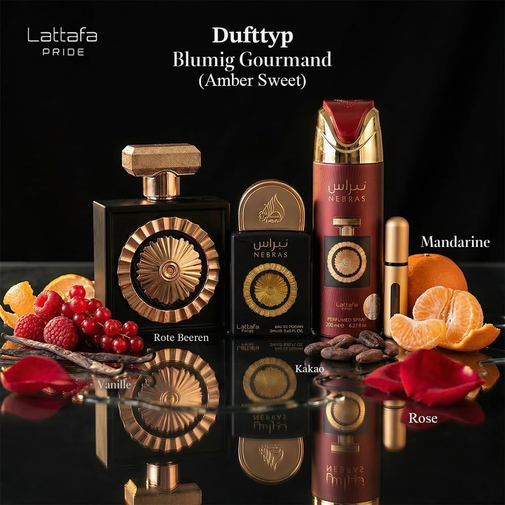 Lattafa Pride Nebras Luxus-Parfüm-Geschenkset für Damen und Herren, Gourmand-Beeren und Schokolade, Himbeere, dunkler Kakao und saftige Vanille, lange wohltuende Düfte