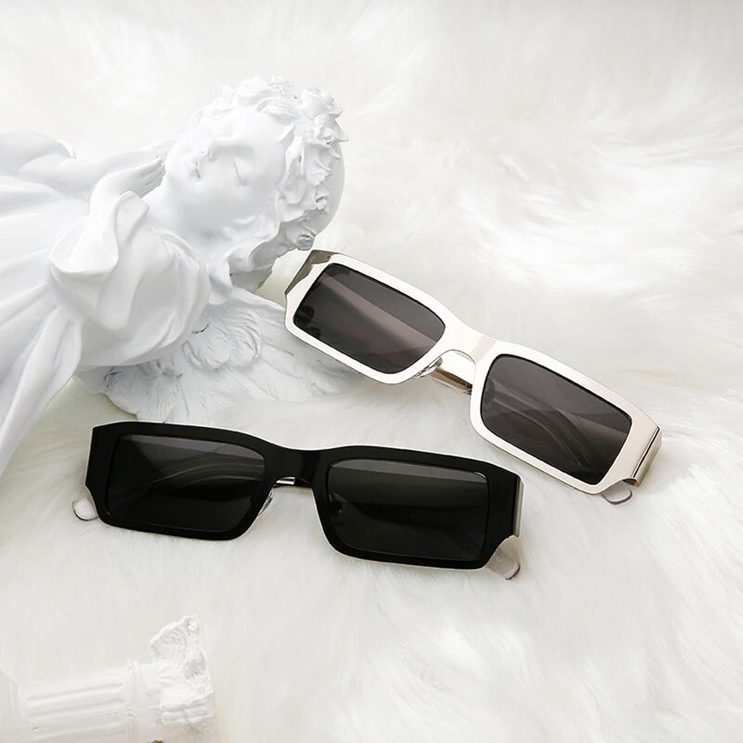 Rectangle Sunglasses Women Cool Girl 90s Retro Fashion Eyewear Vintage Wide Frame Sunnies UV400 Protection (Black)