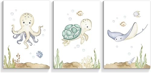 Yuaruo Lienzo decorativo para la pared del cuarto del bebé, 3 piezas bajo el mar, póster de arte artístico de tortuga acuática de la vida linda con