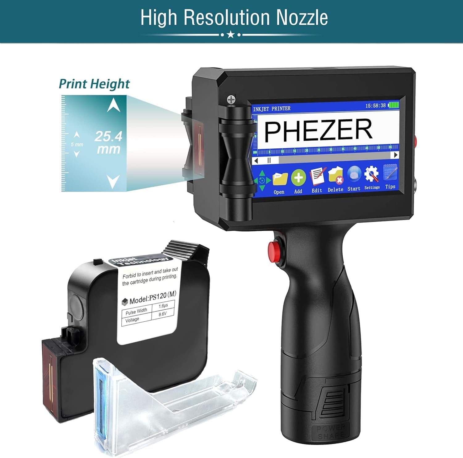 Phezer 1inch/25.4mm Handheld Inkjet Printer for Flat Surface P15-1 Model for QRCode Barcode Production Date Time Logo Batch Number Print On Glass Bag Carton Box Wood Cloth Plastic Cable (25 Languages)