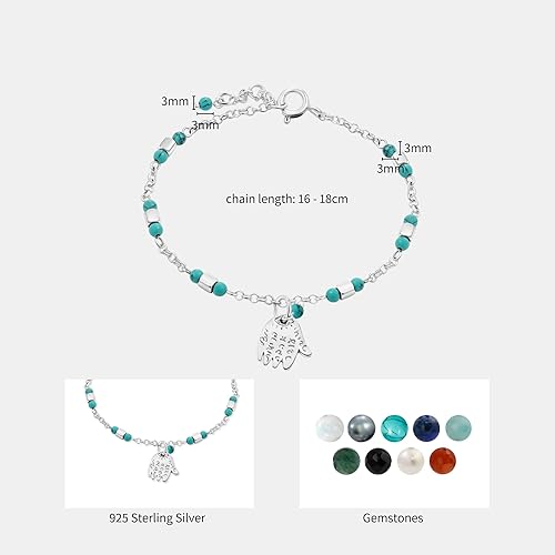 Miniatura 6 de 925 Sterling Silver Turquoise Bracelet - 3mm Turquoise Round Beads with Hamsa Silver Charms - 16-18cm Length - Turquoise Jewelry for Women - Perfect
