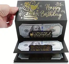 Envelope de dinheiro de aniversário para presentes em dinheiro, cartão surpresa dobrável com compartimentos para dinheiro, presente de aniversário para homens e mulheres, preto