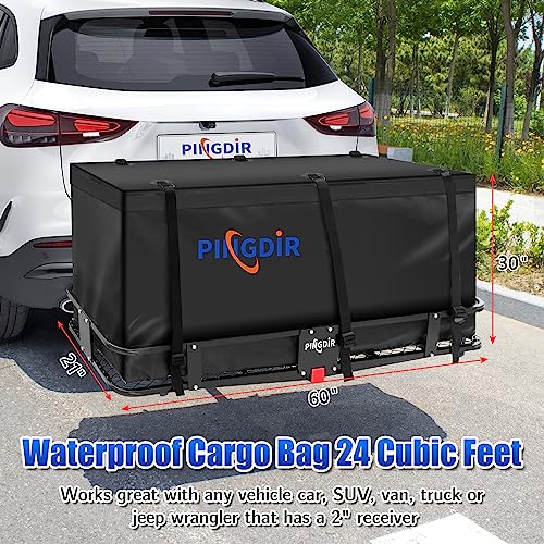 Image of PINGDIR Folding Hitch Mount Cargo Carrier Hitch Rack Basket 60 inch*21.5 inch*6 inch Hauling Weight Capacity of 500 Lbs, Waterproof Cargo Bag 58 inch 19 inch 24 inch, with Hitch Stabilizer,Cargo Net and Ratchet Straps