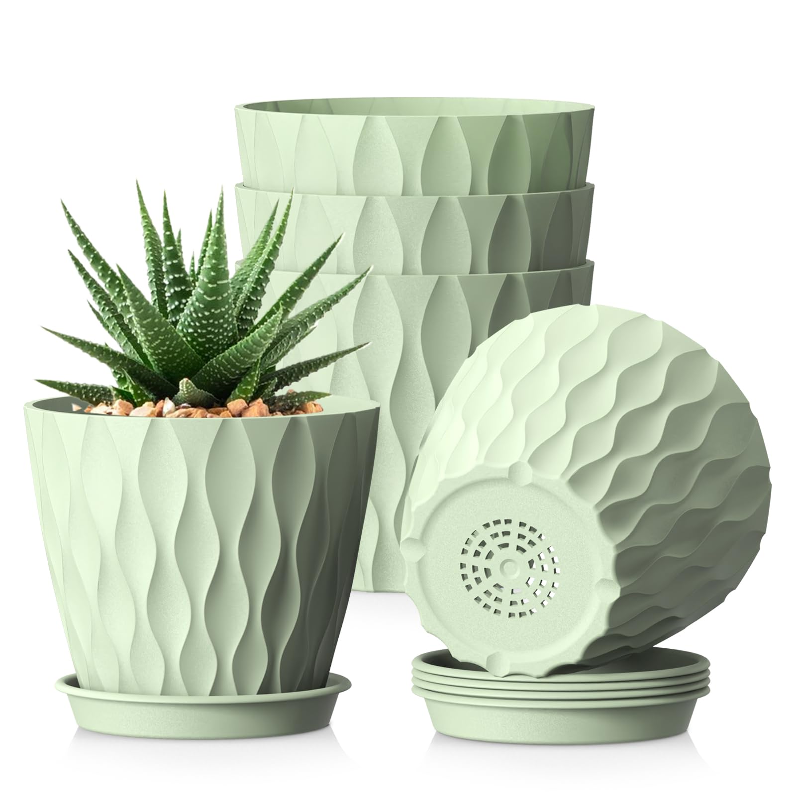 WSMKSZ 15 cm Plant Pots for Indoor Outdoor Plants, 5 Pack Thick Plastic Flower Pots with Drainage Holes and Saucers, 3D Modern Wave Texture, Decorative House Plant Pots for Pothos, Peace Lilys, Green