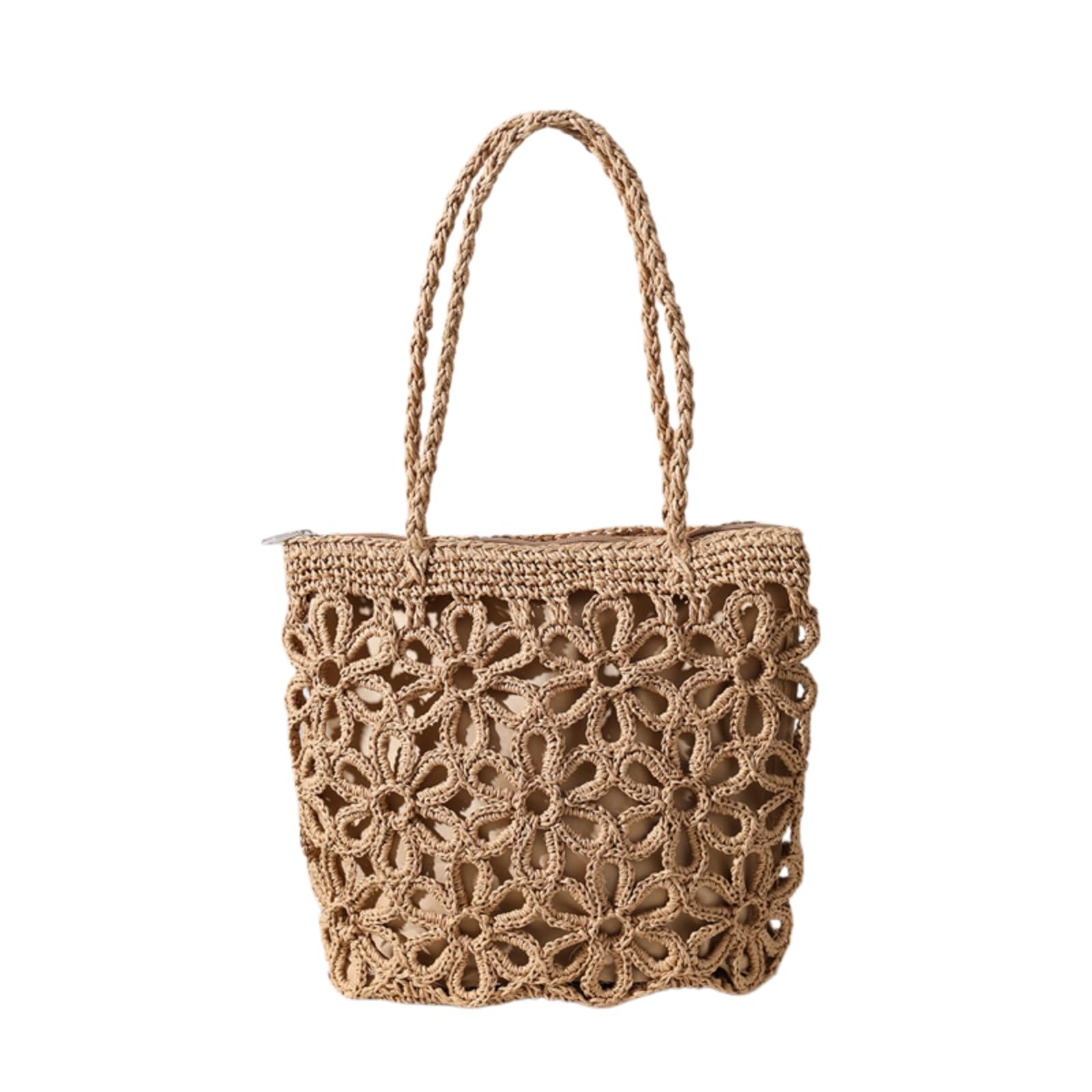 Borsa Spalla Paglia Nuovo Sacchetto di Cavo Fiore Tessuto da Donna Portatile Vacanza al Mare Spiaggia in Rattan-Brown