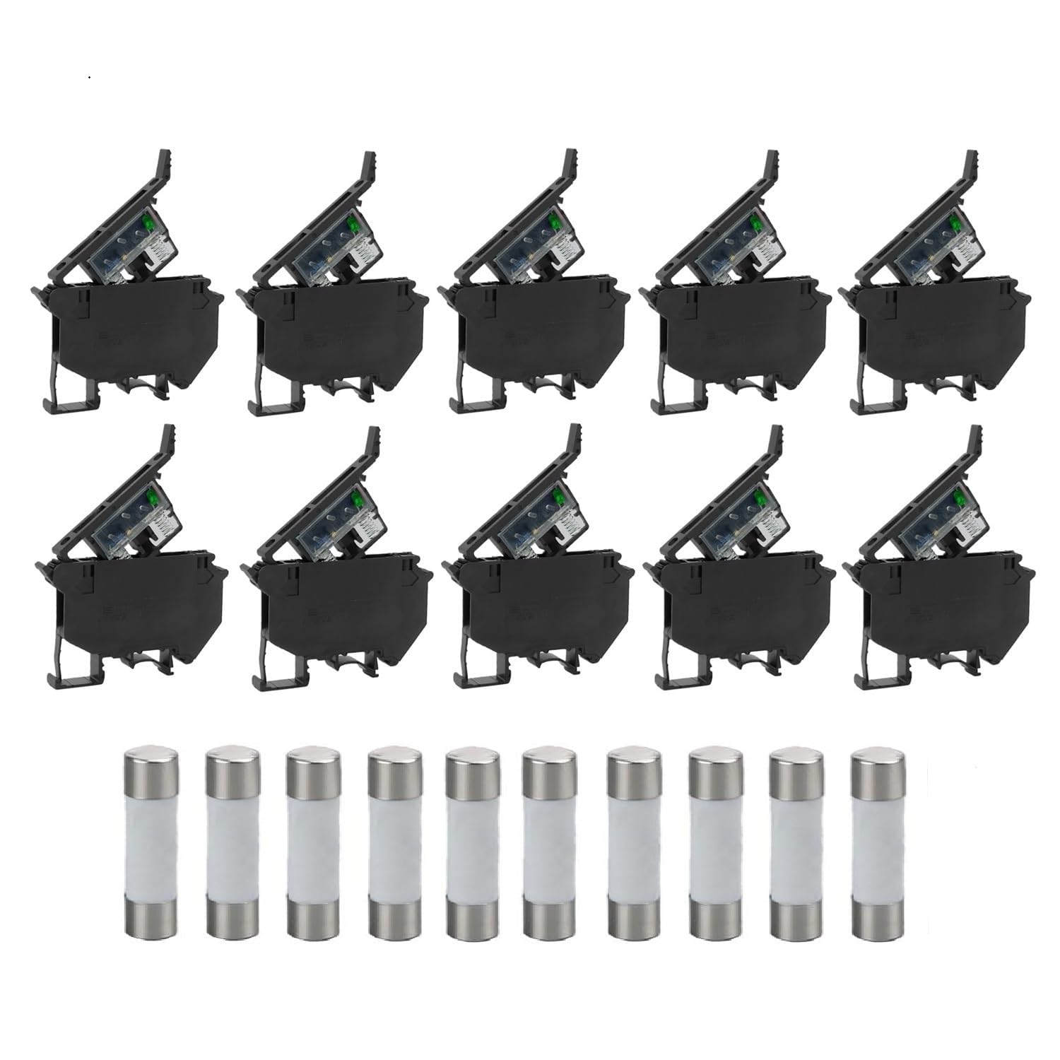 10 portafusibles de riel DIN negro, LED de 24 V, 10 fusibles de cerámica de 5 A incluidos