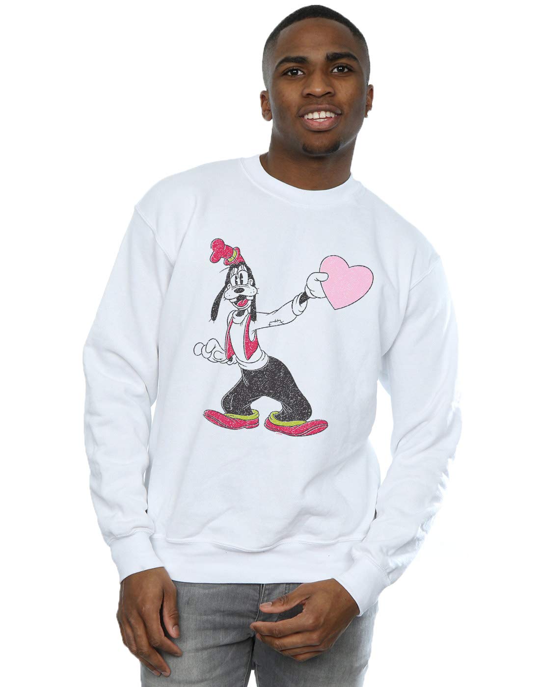 Absolute Cult Men's White Disney Goofy Love Heart Sweatshirt Large
