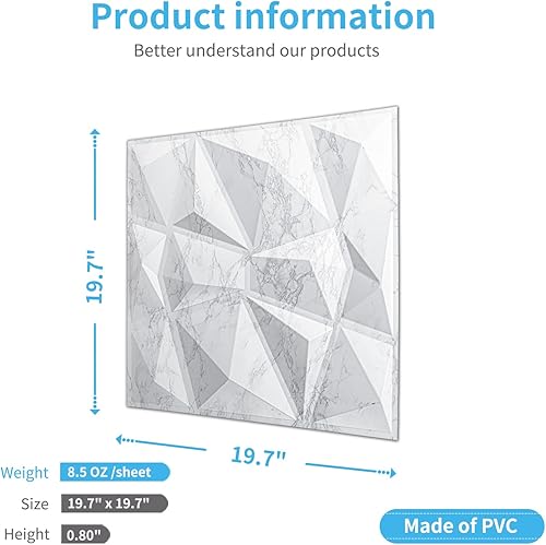 Vista 32 de Art3d 3D Revestimiento con textura 3D para pared, color gris diamante, 19.7 x 19.7 pulgadas (12 unidades)