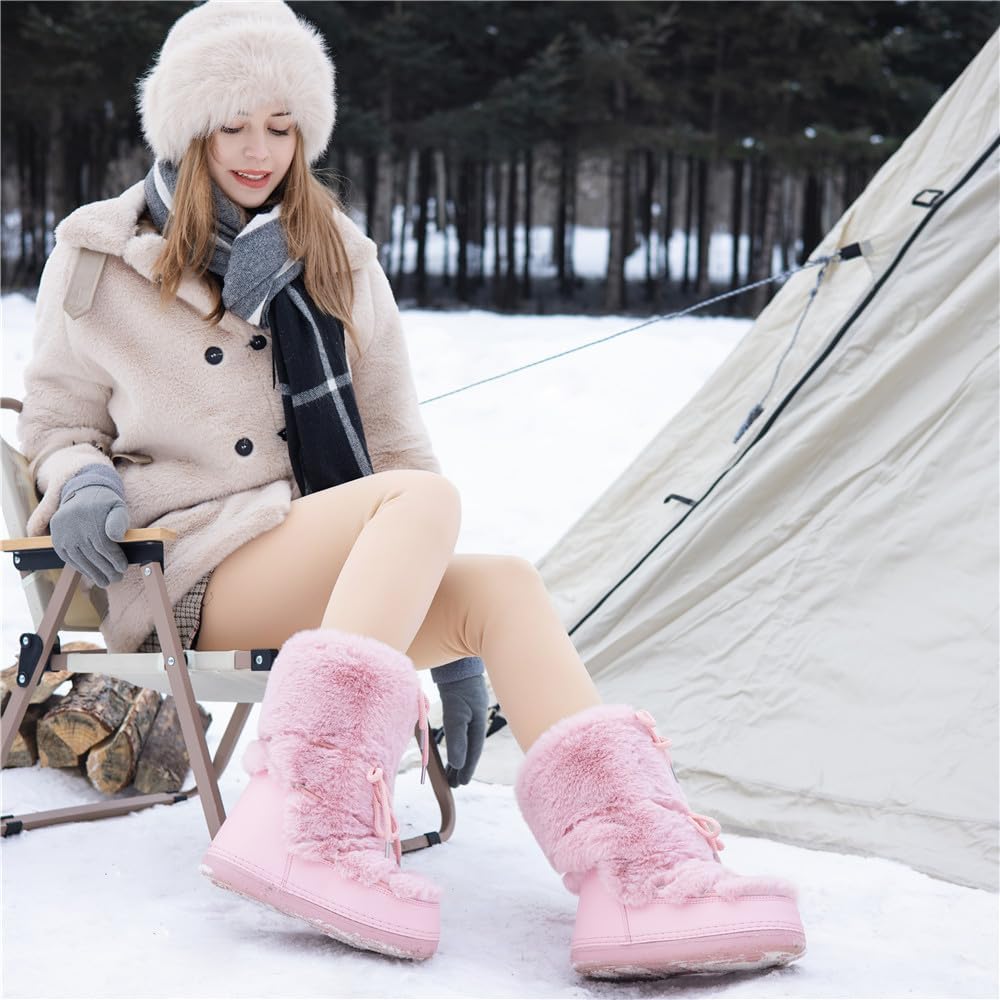 Faux Fur Snow Boots for Women,Furry Fuzzy Fluffy Womens Boots Lace-up Winter Warm Fur Lined Mid-Calf Non-Slip Ski Boots - Image 2