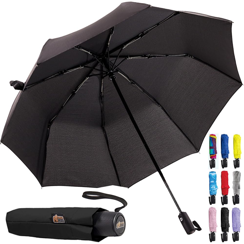 Strong Windproof Stick Compact Umbrella for Rain, One-Click Automatic Open and Close, Durable Quick Dry Waterproof Material, Lightweight and Portable, Travel Size Fits Backpack, Black