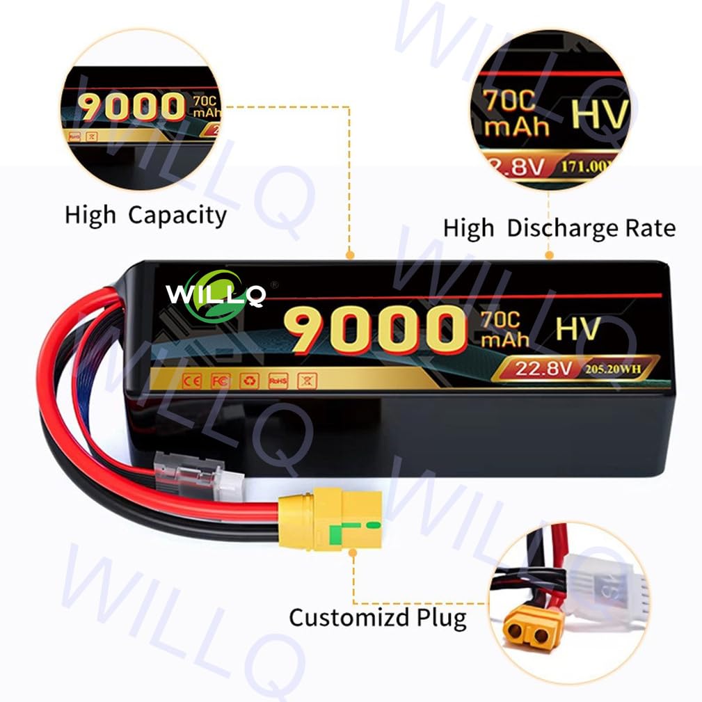 Batteria per drone radiocomandato ad alta tensione 9000mAh 6S 22,8V 70C | Rimovibile, portatile, guscio in PVC, leggero, spina XT60, di ricambio, ricaricabile
