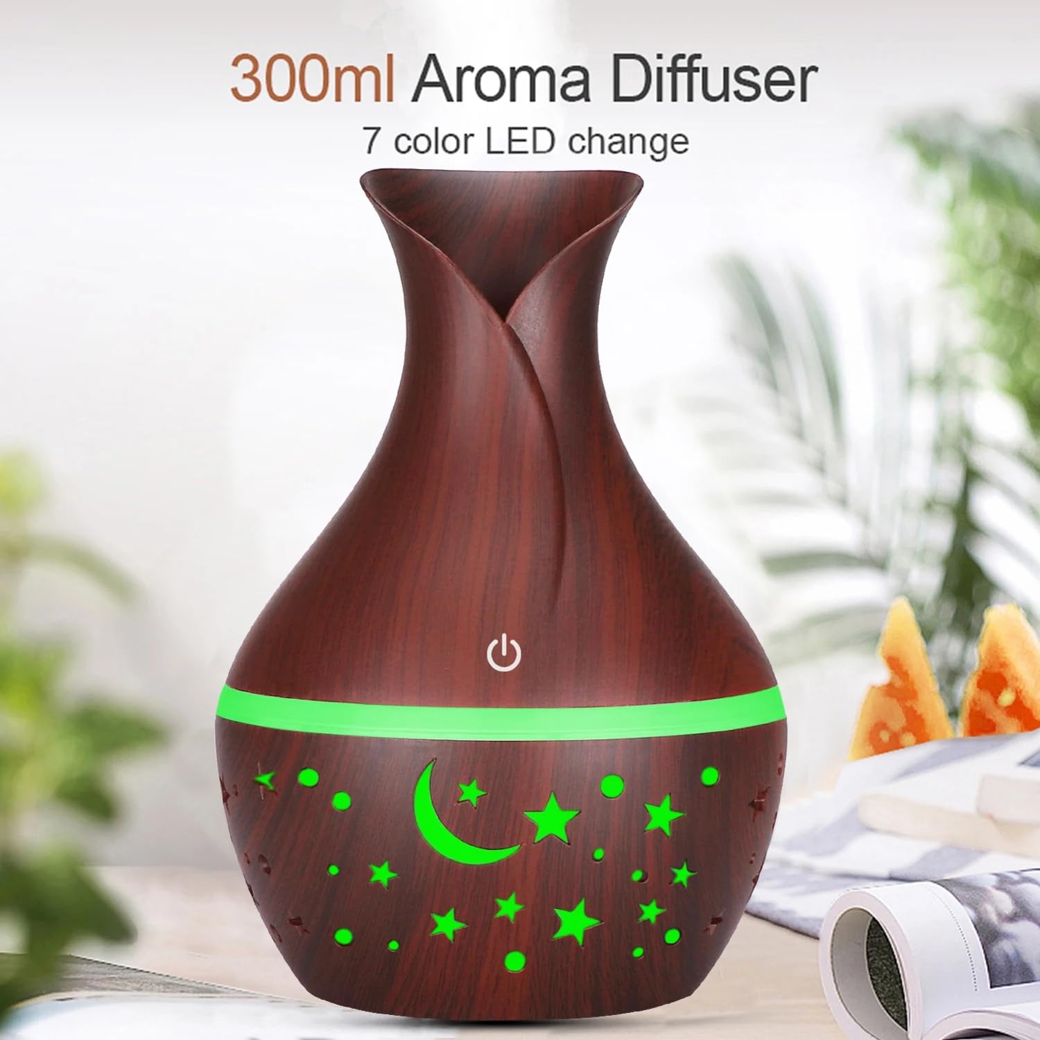 mobigon Wood Cool Mist Ultrasonic Humidifier for Room Moisture, Aroma Diffuser for Home, 200ml Essential Oil Diffuser with 7 Colorful Night Light, Auto Shut-Off, Home, Office, car (H.Dark Brown)