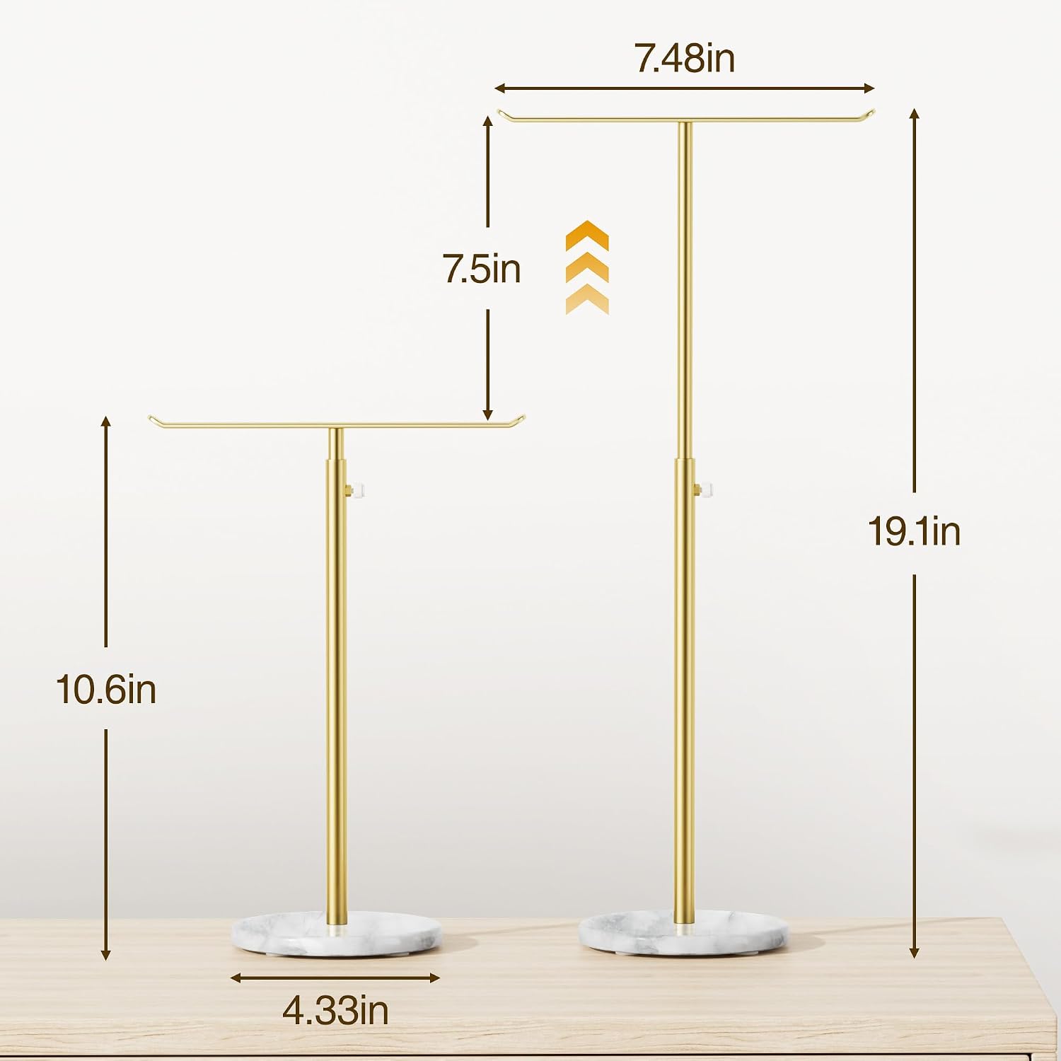 Gold Necklace Holder Jewelry Organizer Stand – Adjustable Height T‑Bar Jewelry Display with White Marble Base, Necklace & Bracelet Holder, Countertop Jewelry Stand