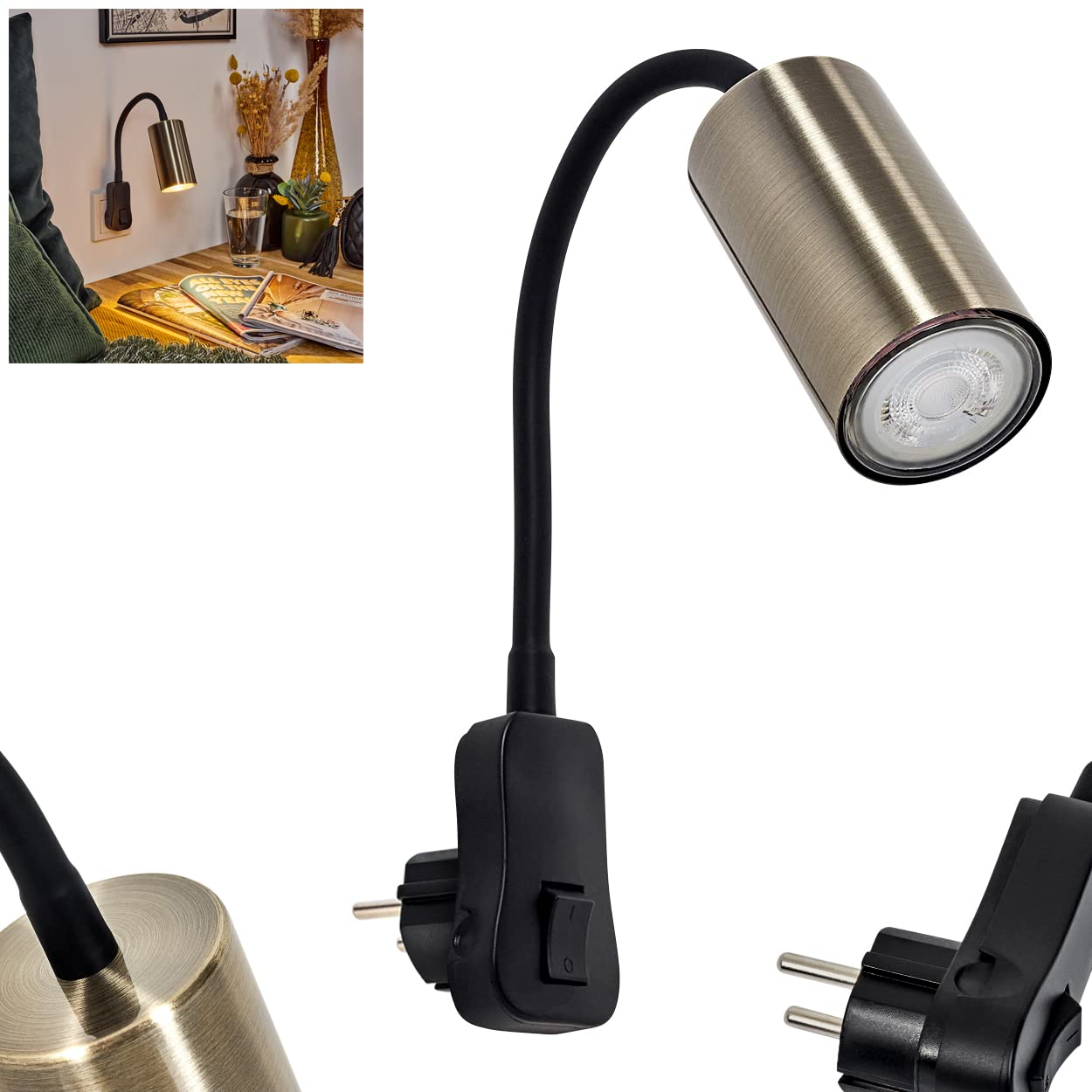 Applique Javel, lampe murale moderne en métal noir/laiton ancien, spot mural à 1 flamme au design moderne, avec bras de lecture réglable et interrupteur marche/arrêt, 1 x GU10, sans ampoules