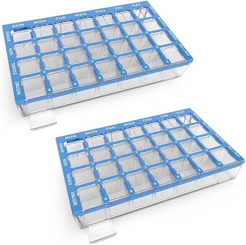 EZY DOSE Pharmadose - Paquete de 2 pastillas de 7 días, medicamentos, organizador de vitaminas semanalmente, 4 veces al día, compartimentos pequeños