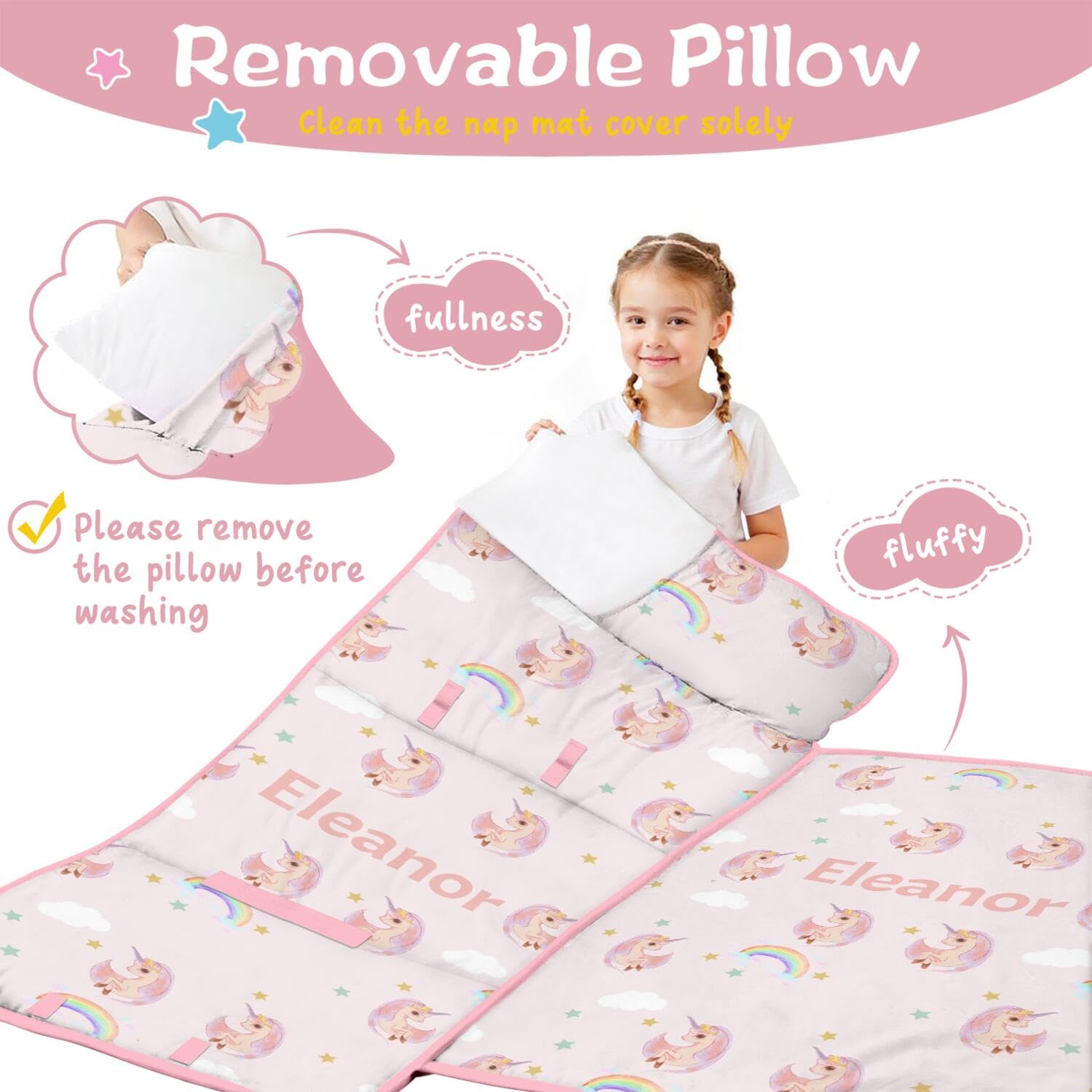 Personalized Unicorn Toddler Nap Mat, Custom Name Sleeping Bag with Pillow for Kids Preschool Daycare, Toddlers Travel Bed Soft Napping Sack for Boys Girls