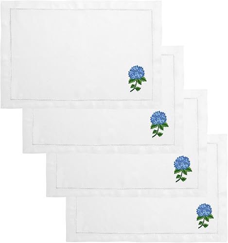 Manteles individuales bordados de algodón, juego de 4 manteles individuales de tela de hortensias de 14 x 20 pulgadas, manteles individuales