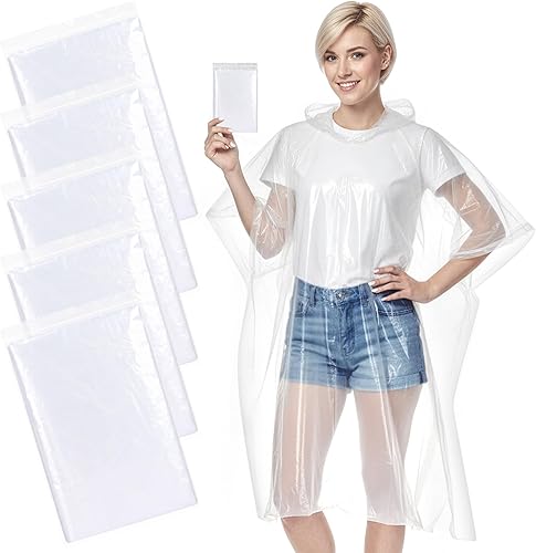 APEXUP Disposable Rain Ponchos for Adults, Emergency Rain Poncho for Camping Hiking Travelling Clear 5 Pack