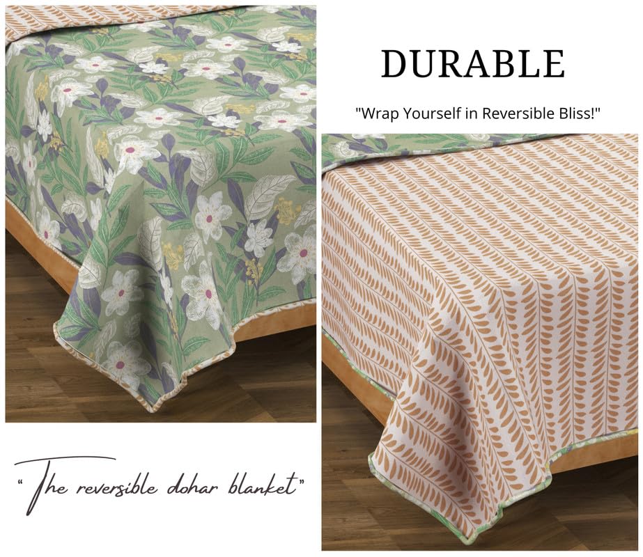 Image of VAS COLLECTIONS Pure Cotton 120 GSM Reversible Soft Lightweight Printed Single Bed Blanket /AC Dohar /Skin Friendly Dohar-152 x 225 cm - Light Green & Beige