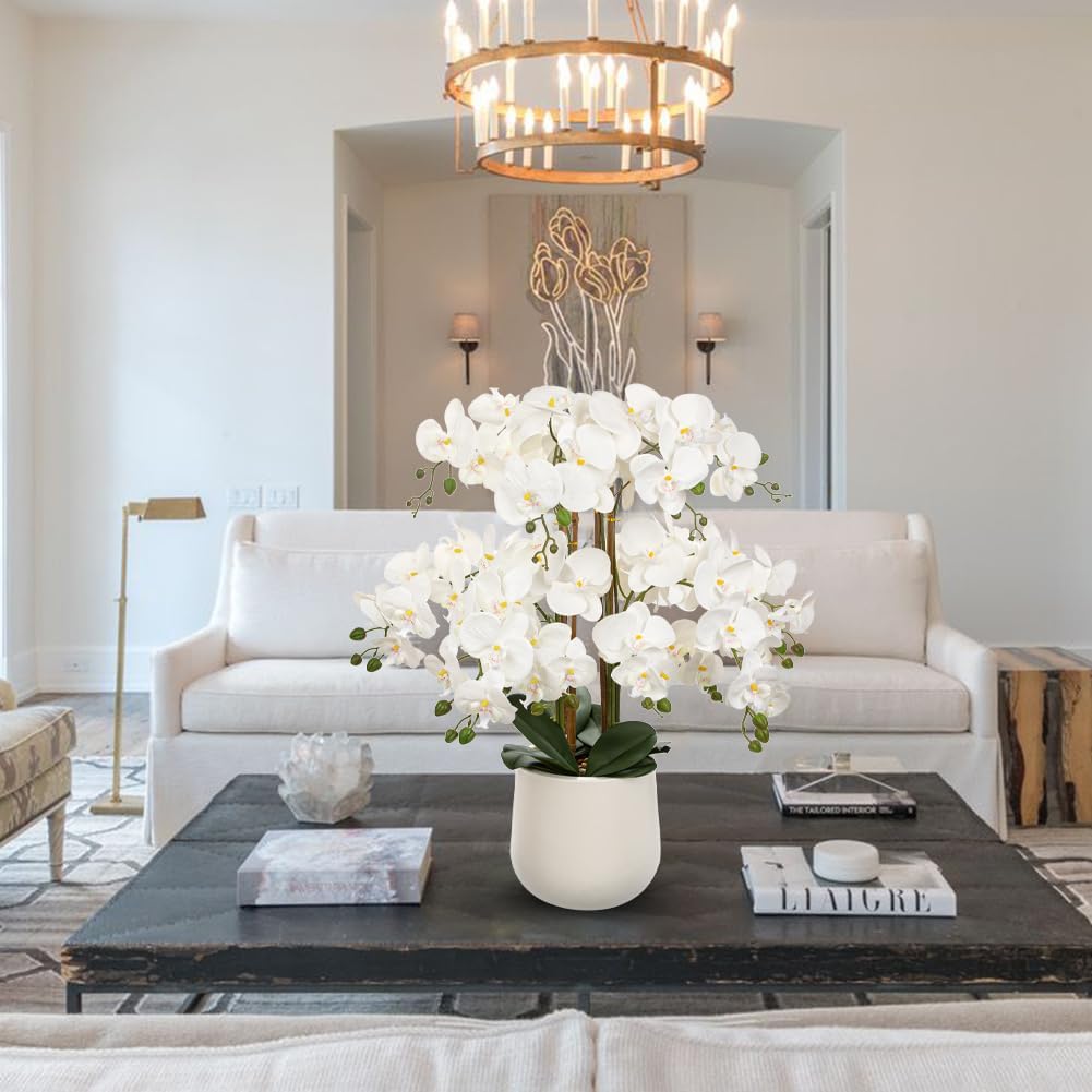 Briful Extra Large White Orchid Artificial Flowers in Cream Resin Pot, 29.5in Lifelike Silk Orchid Arrangement Faux Phalaenopsis Plant for Elegant Home Office Table Centerpiece Décor