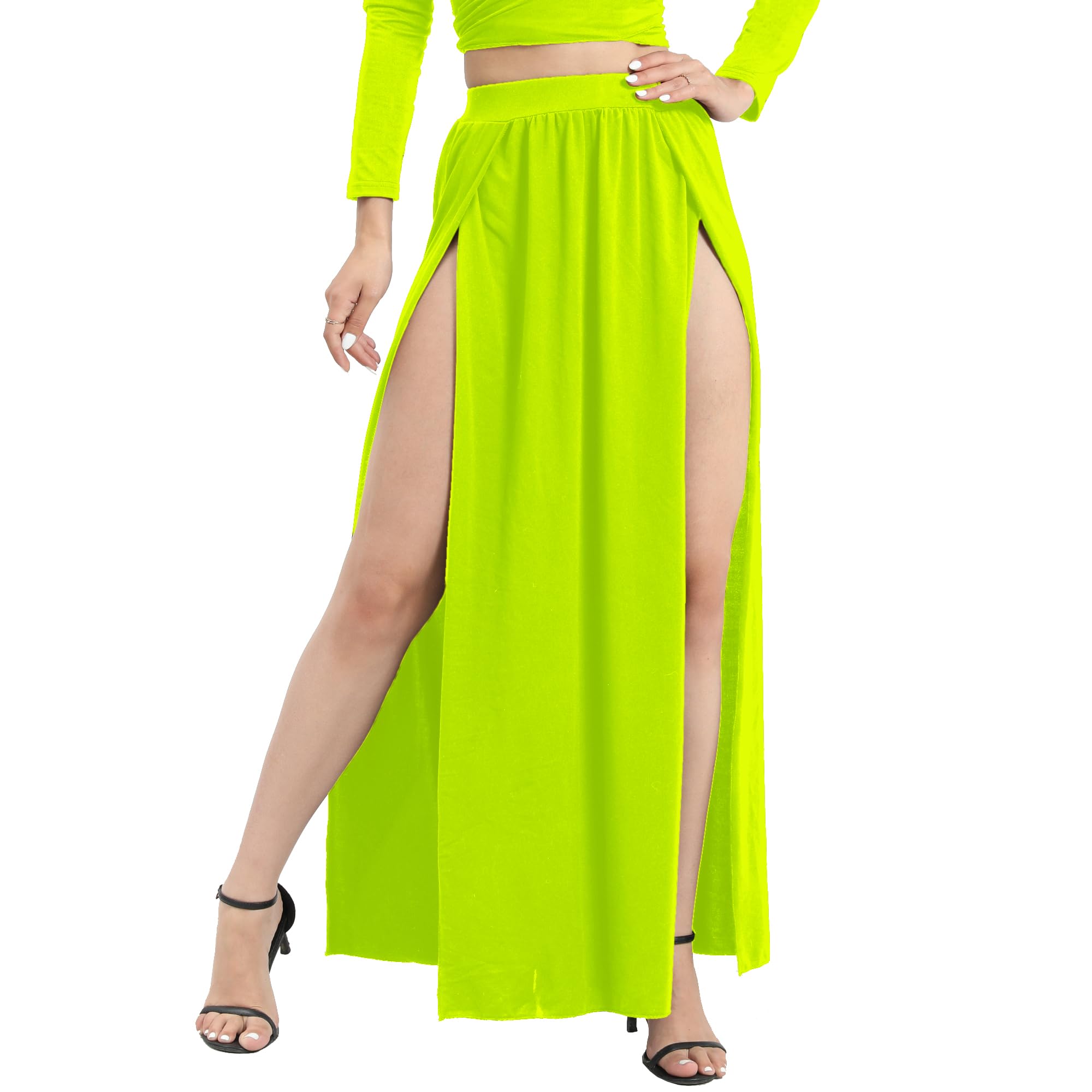 SILUI Women's High Waist Double Slit Sexy Plus Size Thigh Split Flowy Long Maxi Skirt