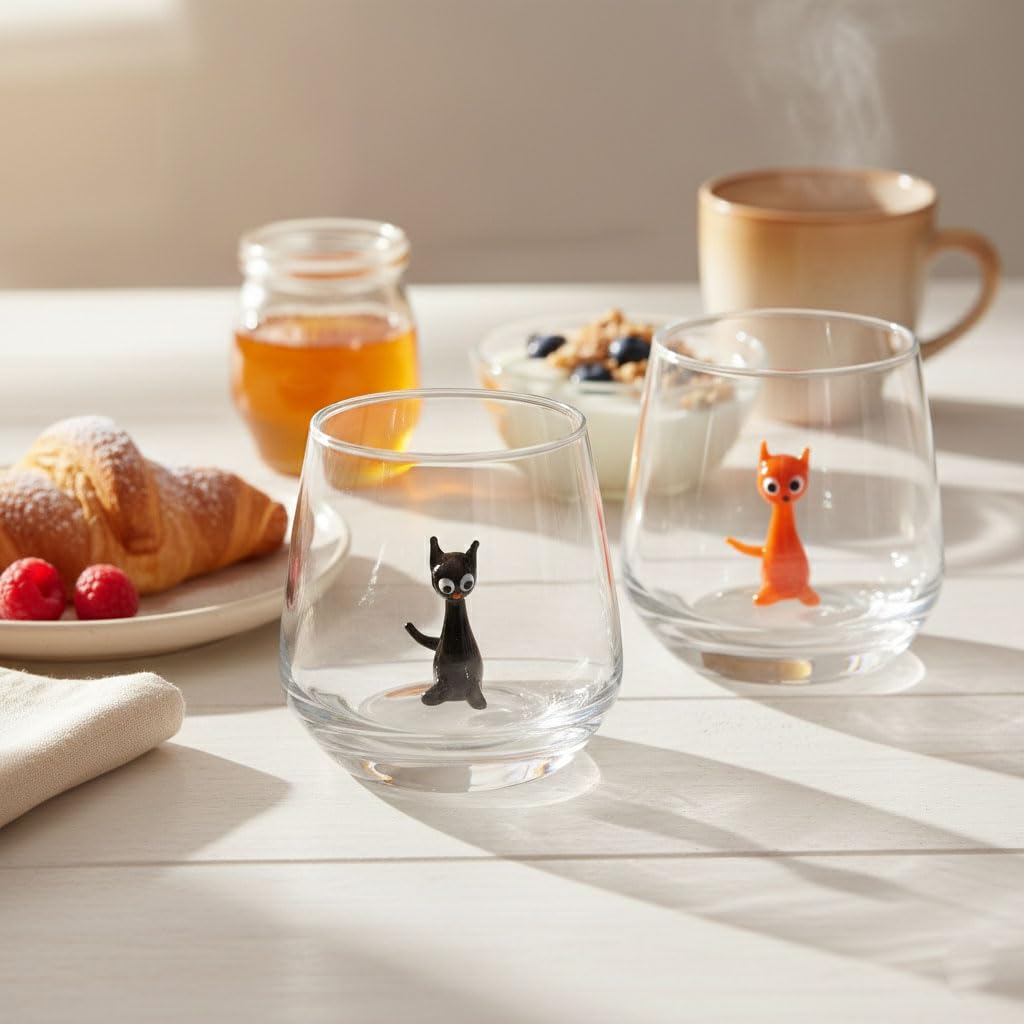 Tazza in vetro a forma di gatto, fatta a mano, 3D, senza stelo