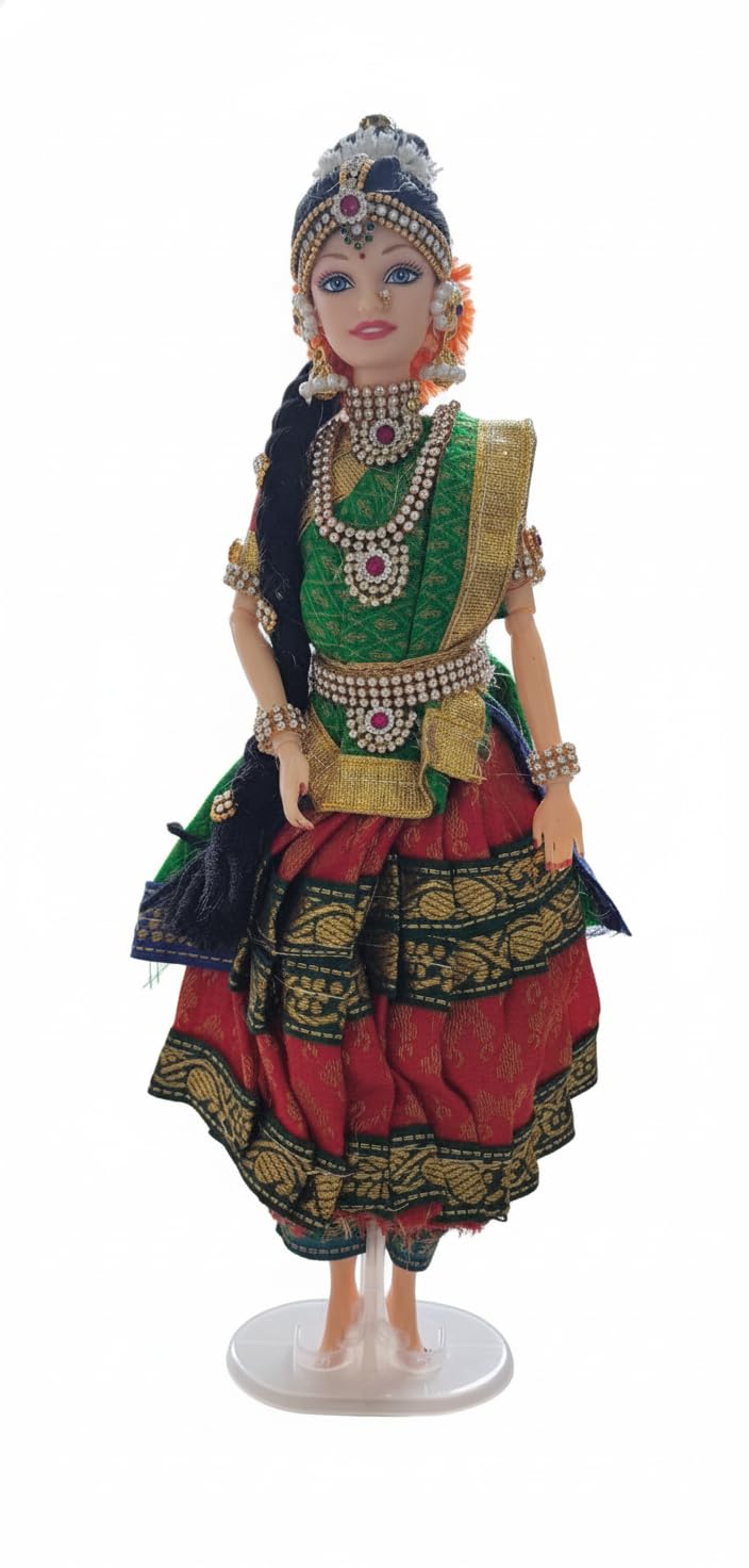 Traditional Indian Classical Dance Doll, Bharatanatyam Dancer Figurine with Red and Gold Costume, Handcrafted Decorative Showpiece Colour Pattern-image-44