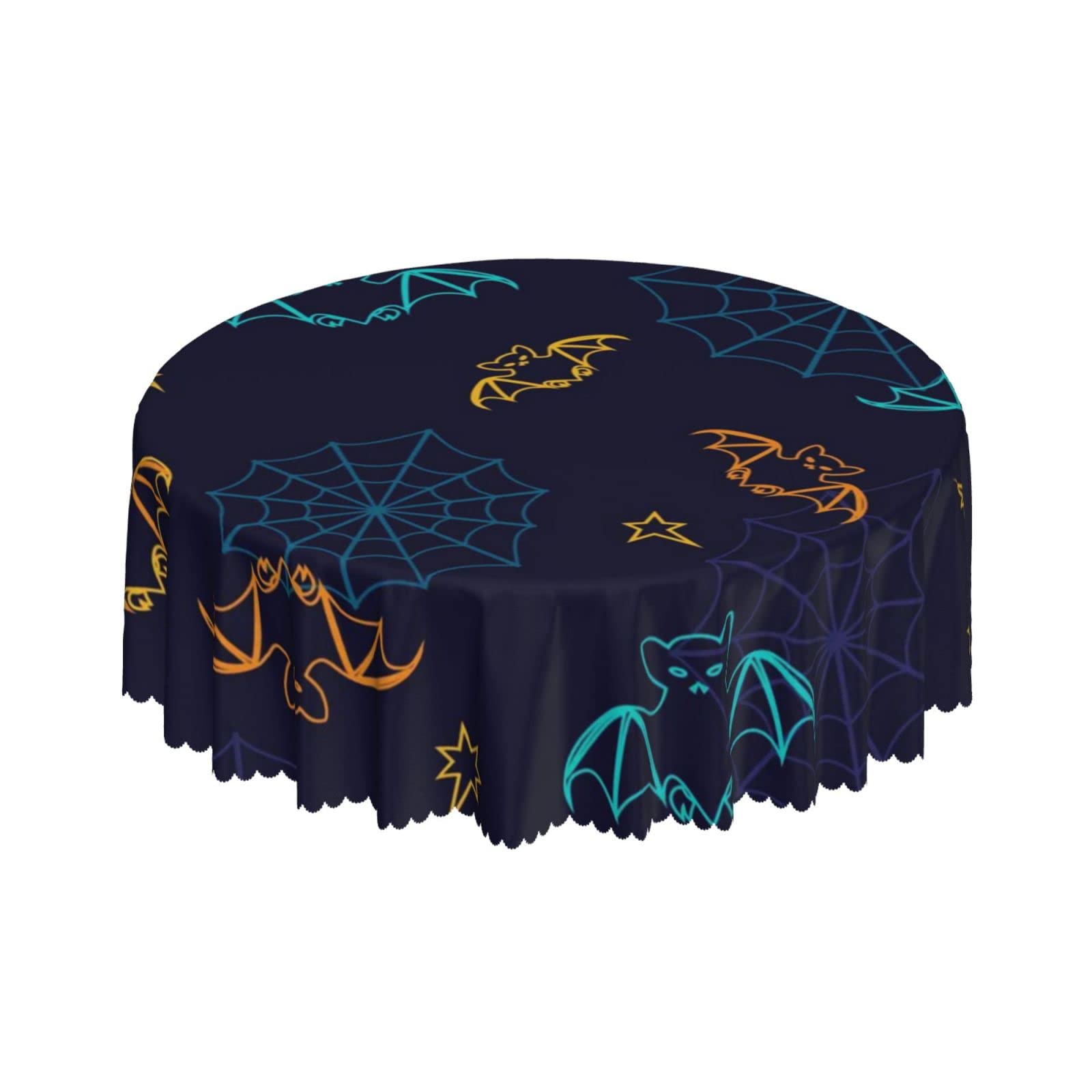 Lsjuee Halloween Bats and Web Cute Round Tablecloth 60 Inch Printed Washable Tablecloth for Dining Party Holiday Fall Home Decorative