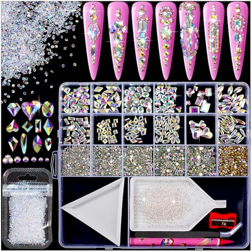 8000pcs Nail Gems and Rhinestones for Nails Art, 240 Shaped Glass AB Crystals Nail Charms for Nails Design, 3D Nail Charms and Gems Nail Jewels, Nail Diamonds Rhinestones Kit w/Wax Pencil, Tweezer