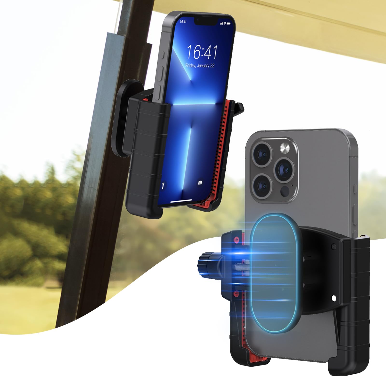Magnetic Phone Holder for Golf Cart, Attachable Phone Mount Uncovered Camera for iPhone/Samsung Phones/Google Pixel Phones, Universally Compatible with EZGO, Club Car, Yamaha Golf Carts