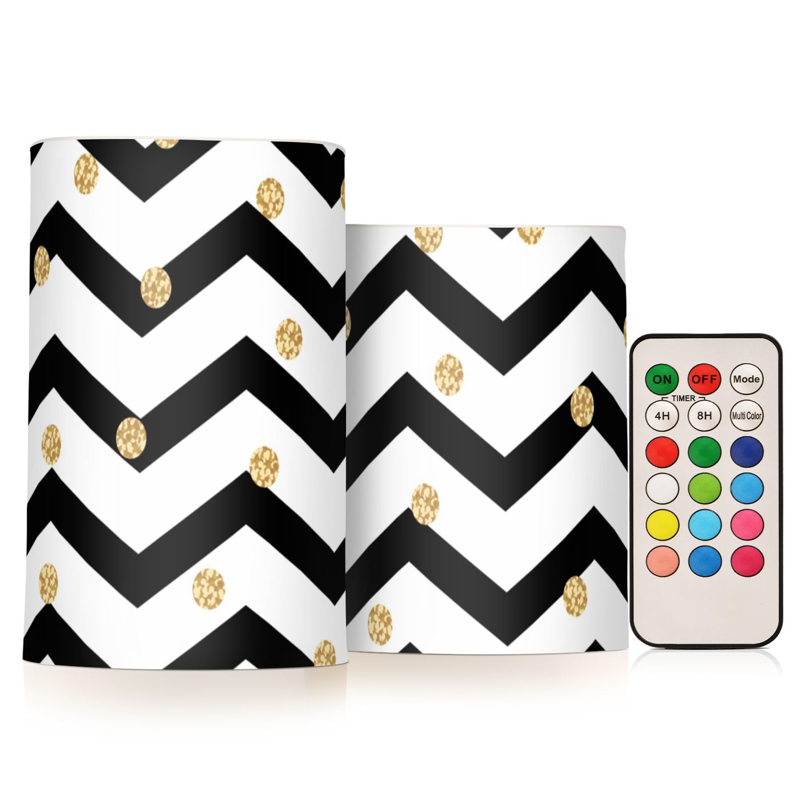 SUABO Black and White Chevron Zigzag with Glitter Dots Flameless Candles, Flickering LED Candles Battery Operated Color Changing with Remote Timer for